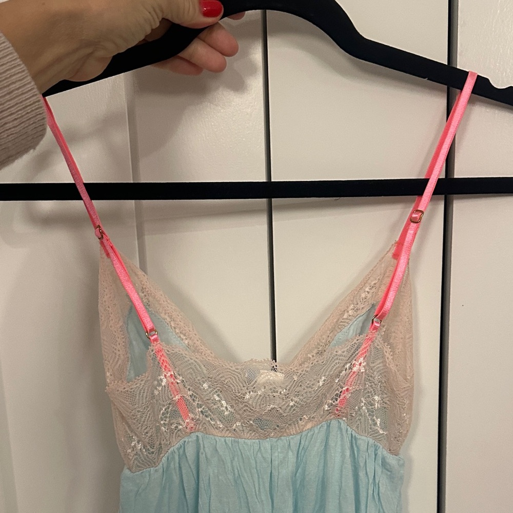 Eberjey Lace Trim Chemise - Light Blue and Beige - Picture 6 of 7